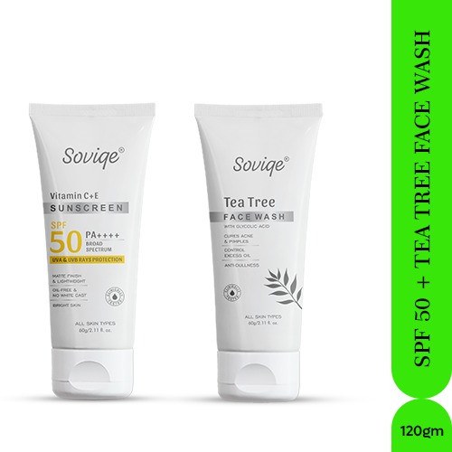 Tea Tree Face Wash with Glycolic Acid – 60g&Vitamin C+E Sunscreen SPF 50 PA++++ – 60g